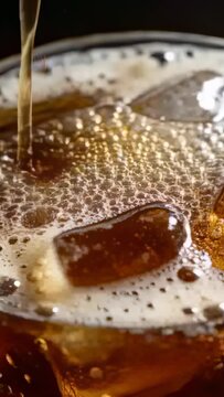 Vertical video: Pouring cola from top-left hitting ice and filling glass on tabletop creating foam
