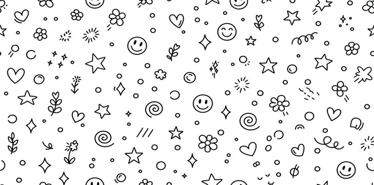 Seamless vector pattern design featuring water drops and retro numbers on a white backdrop with black circular elements and floral swirl textures for a modern wallpaper illustration