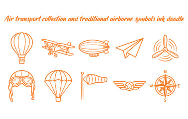 Air transport collection and traditional airborne symbols ink doodle © Billal