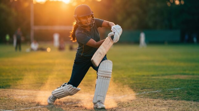 Young Woman Playing Cricket with Bat and Pads on a Sunny Day.