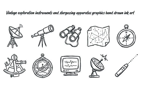 Vintage exploration instruments and stargazing apparatus graphics hand drawn ink art