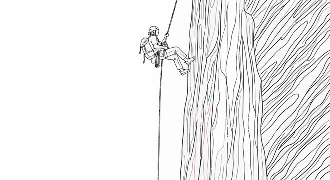 Person rappels down a rough tree trunk, isolated on white