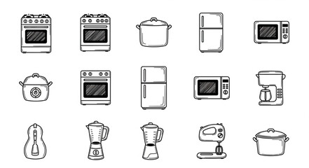 Collection of Hand Drawn Kitchen Appliances and Cookware Icons. © hesty