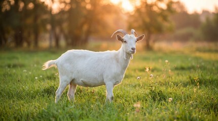 Obraz premium White Goat Standing in Green Field at Sunset, Farm Animal in Natural Rural Landscape