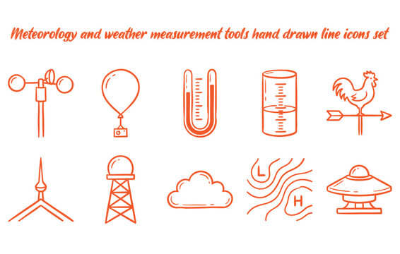 Meteorology and weather measurement tools hand drawn line icons set