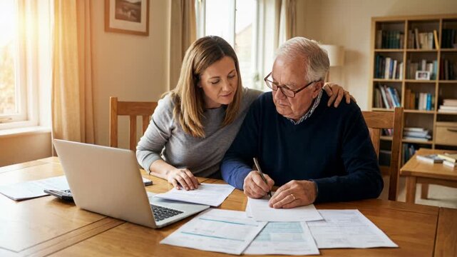 Caucasian woman helping older man with paperwork and finances. Smiling daughter assisting senior father with documents and computer. Financial planning, support, and family relationship.