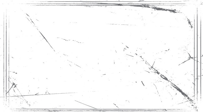Distressed grunge border frame with scratches and dust particles on white background