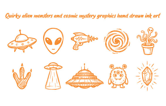 Quirky alien monsters and cosmic mystery graphics hand drawn ink art
