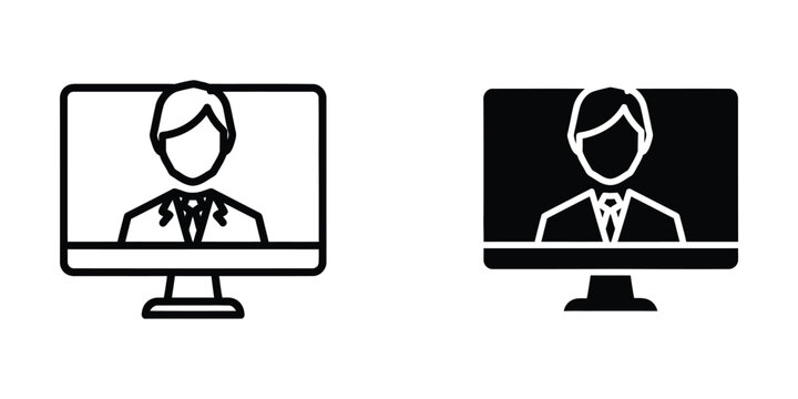 Two computer screens showing video call with professional man silhouette