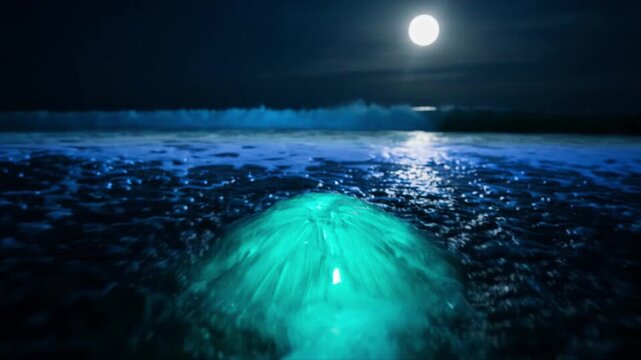 夜の蛍光波と砂ドル：月明かりの砂浜で生物発光の青い波が棘模様を照らす幻想的映像