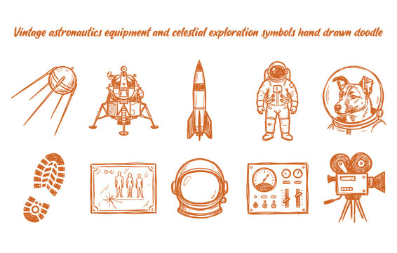 Vintage astronautics equipment and celestial exploration symbols hand drawn doodle