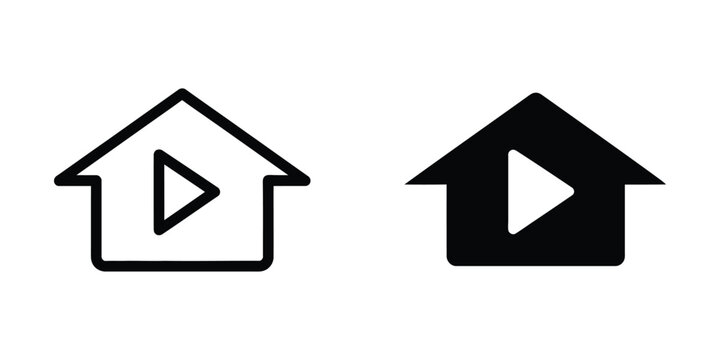 Modern house icon with play button inside outline and solid versions