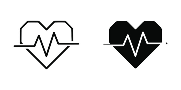 Heart with heartbeat line icon set in black and white