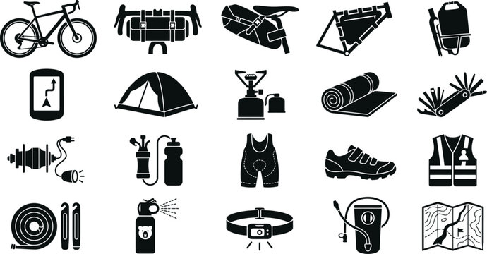 Bicycle equipment and camping gear icons provide a comprehensive visual guide for outdoor enthusiasts and professional cyclists.