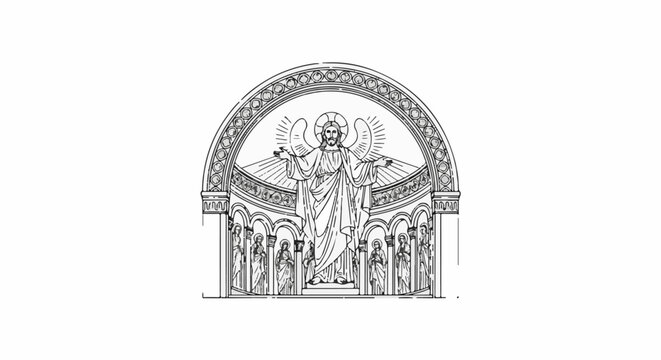 Ornate archway framing a central angelic figure with smaller figures below
