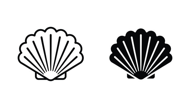 Scallop seashell outline and solid silhouette vector illustration icons on white background