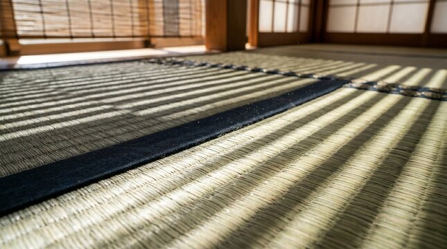 伝統的な和室の畳床。い草の編み目と畳縁が際立つクローズアップ写真。美しい光と影のコントラストが静寂を演出するインテリア背景・広告用ストックフォト素材