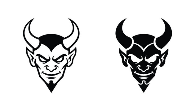Fierce devil face with horns outline and solid silhouette vector illustration icons on white background