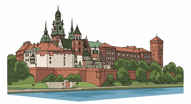 Ornate castle complex with towers and courtyards stands beside a blue river