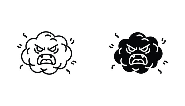Angry cloud monster with fangs outline and solid silhouette vector illustration icons on white background