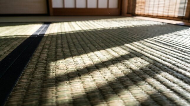 伝統的な和室の畳床。い草の編み目と畳縁が際立つクローズアップ写真。美しい光と影のコントラストが静寂を演出するインテリア背景・広告用ストックフォト素材