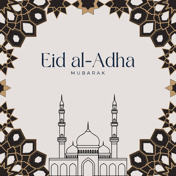 Eid al Adha Mubarak Islamic Vector Template with Mosque Line Art and Geometric Pattern Border Design