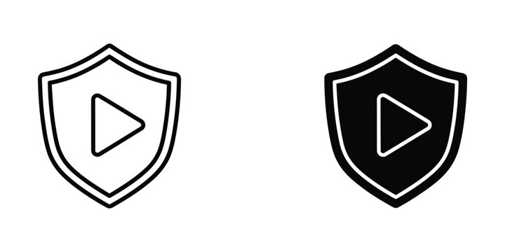 Shield icon with play button symbol in black and white versions