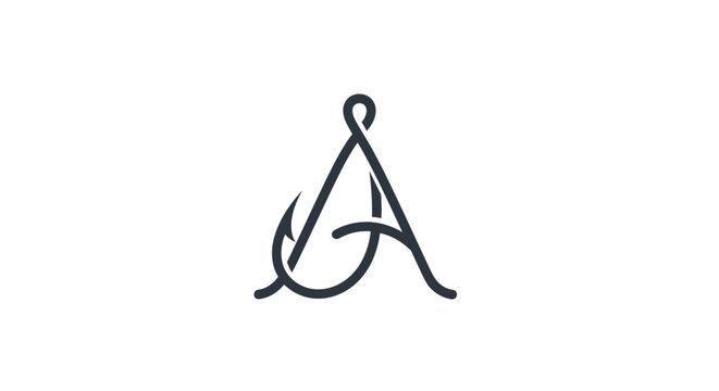 Minimalist fishing hook and letter A logo concept, abstract symbol, clean design, vector art