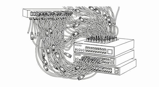 Network switch infrastructure with tangled cables and multiple connected devices