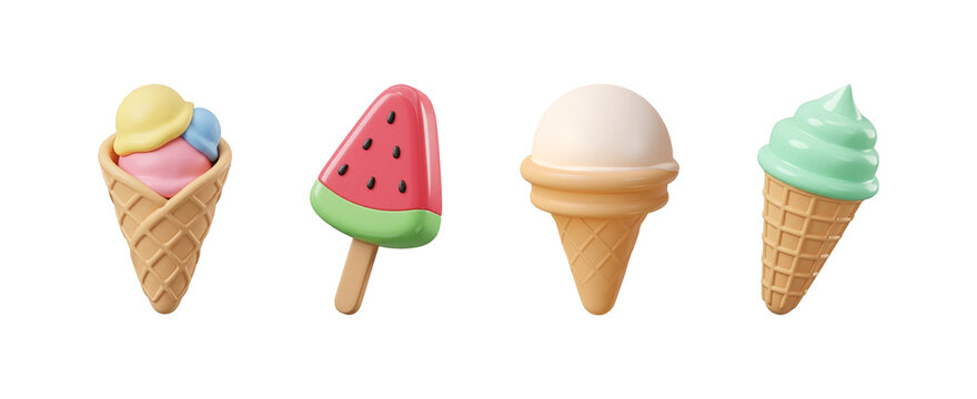 Set of 3D ice cream icons and watermelon popsicle isolated on transparent background