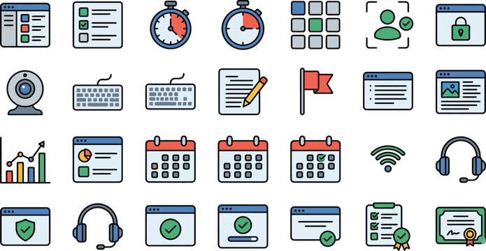 User interface elements and digital productivity tools are presented as a structured set of icons to enhance software applications and web dashboard layouts.
