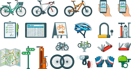 Cycling accessories kit features bicycle models, safety gear, repair tools, and navigation maps for professional and recreational riders. © amirhamzaaa