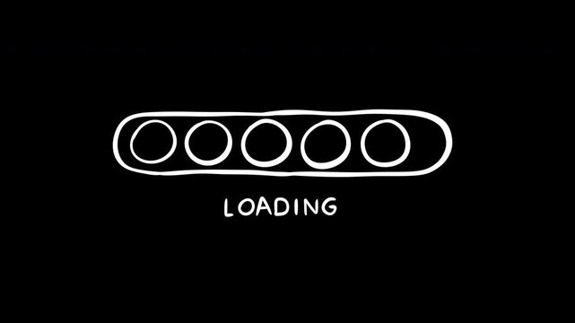 Collection animation of hand drawn loading progress bars with "LOADING" text on black background. Features four enclosed styles including solid fills, circular dots and rectangular segments for softwa