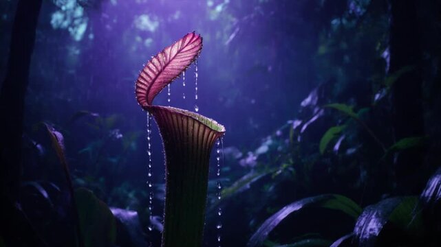 夕暮れ神秘的ウツボカズラ内部・雨水カスケード軌道映像