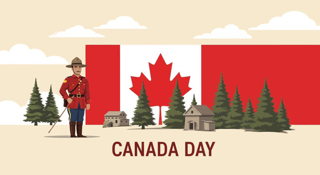 Canadian Mountie And Flag, Celebrating Canada Day With Nature And Buildings