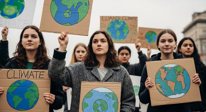 Climate Action Protest with Artistic Biodegradable Signs and Diverse Crowd