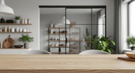 Fototapeta premium Modern kitchen with black framed glass sliding door