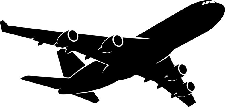 Airplane silhouette, commercial plane icon, black aircraft, transportation symbol, vector illustration