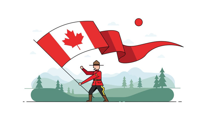 Canadian Mountie Waving Maple Leaf Flag in Scenic Landscape