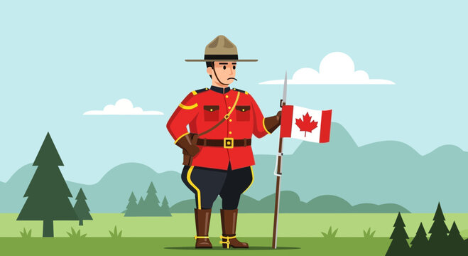 Canadian Mountie Standing with Flag, Outdoor Landscape, Flat Design Illustration