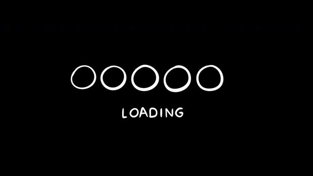 Hand drawn animation of loading indicators without outer containers on black background. Features four distinct styles using dots, circles and segments with handwritten "LOADING" typography for modern