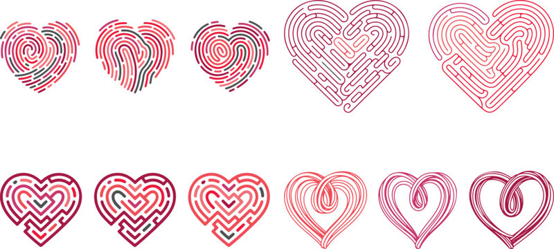 Collection of red heart shapes with various maze and fingerprint patterns on white background