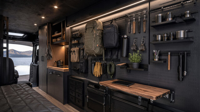 Interior shot focusing on a multi-functional storage wall with magnetic attachments for gear and backpacks inside a highly efficient nomadic van.