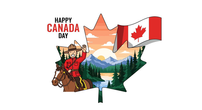 Happy Canada Day Celebration: Maple Leaf, RCMP, Flag, Mountains, Sunset