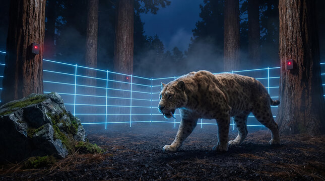 Saber-toothed tiger in a high-tech night enclosure with glowing blue laser perimeter fences and thermal camera sensors monitoring the predator in a prehistoric park.