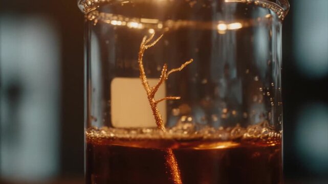 硫酸銅水溶液 電析結晶 サイドビュー タイムラプス アンバー照明