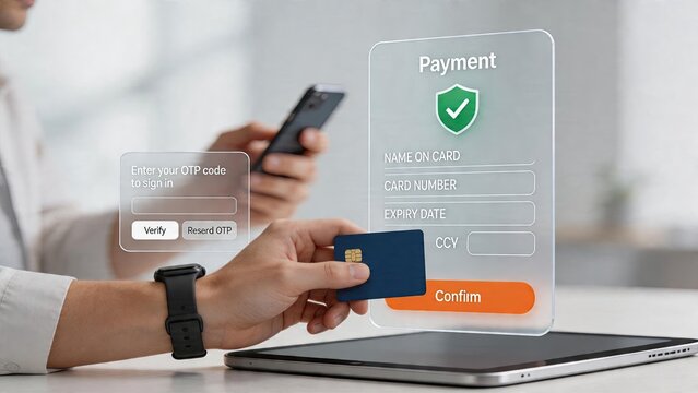 Business man using credit card for secure online payment hologram interface with OTP verification fintech concept digital banking transaction ecommerce checkout process on tablet