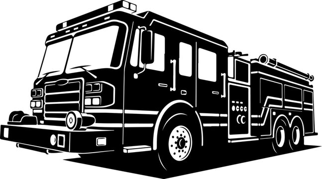 Fire truck, emergency vehicle, fire engine, rescue truck, black and white illustration