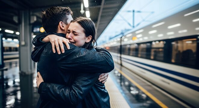 Emotional young couple hugging and crying at train station platform during rainy day, farewell and long distance relationship concept