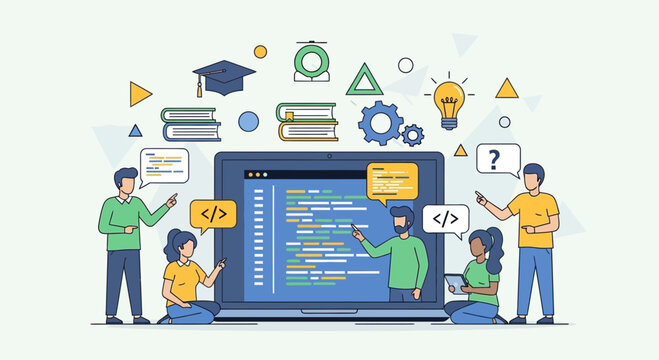 Diverse team collaborating on coding project, learning programming and development online.